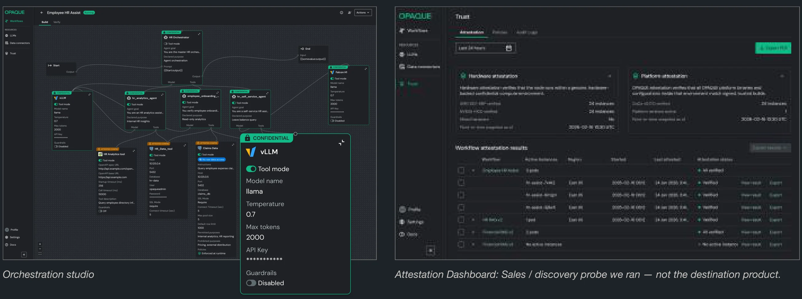 Two screens from the OPAQUE product: the orchestration studio, a node-based workflow editor with a confidential tool panel open, and the Attestation Dashboard showing hardware and platform attestation results.